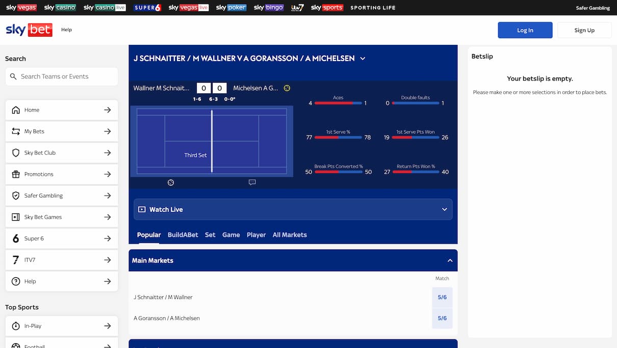 Sky Bet Live Tennis Odds