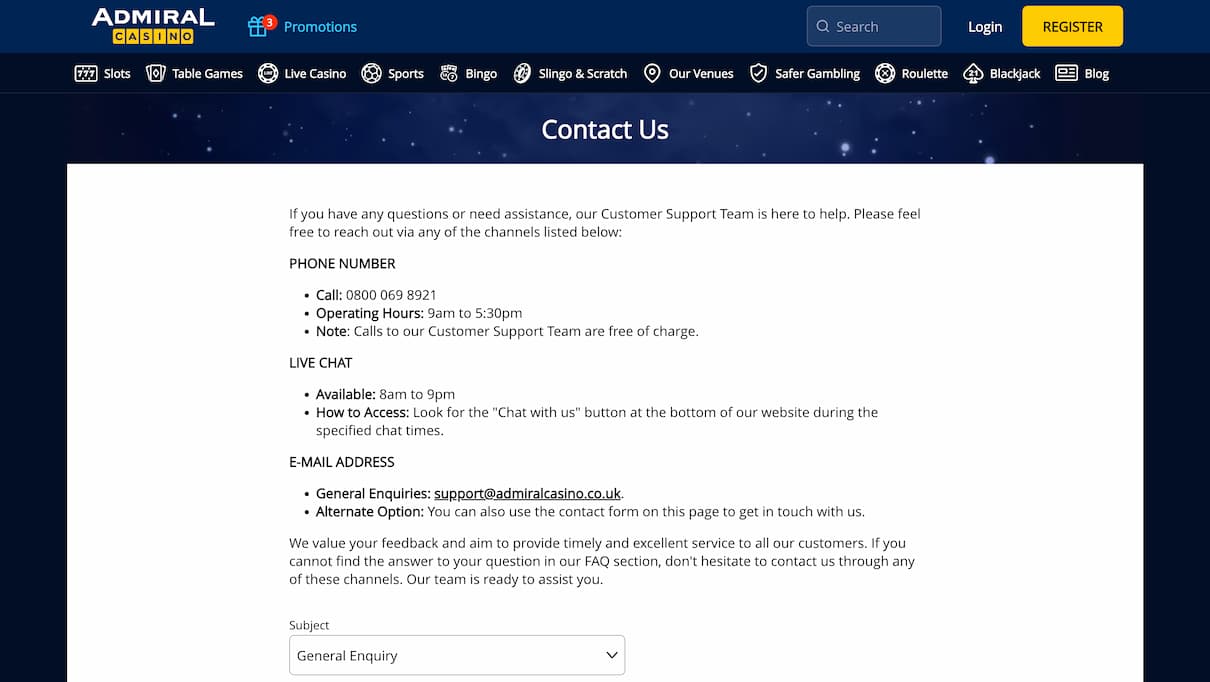 Admiral Casino Customer Care Review