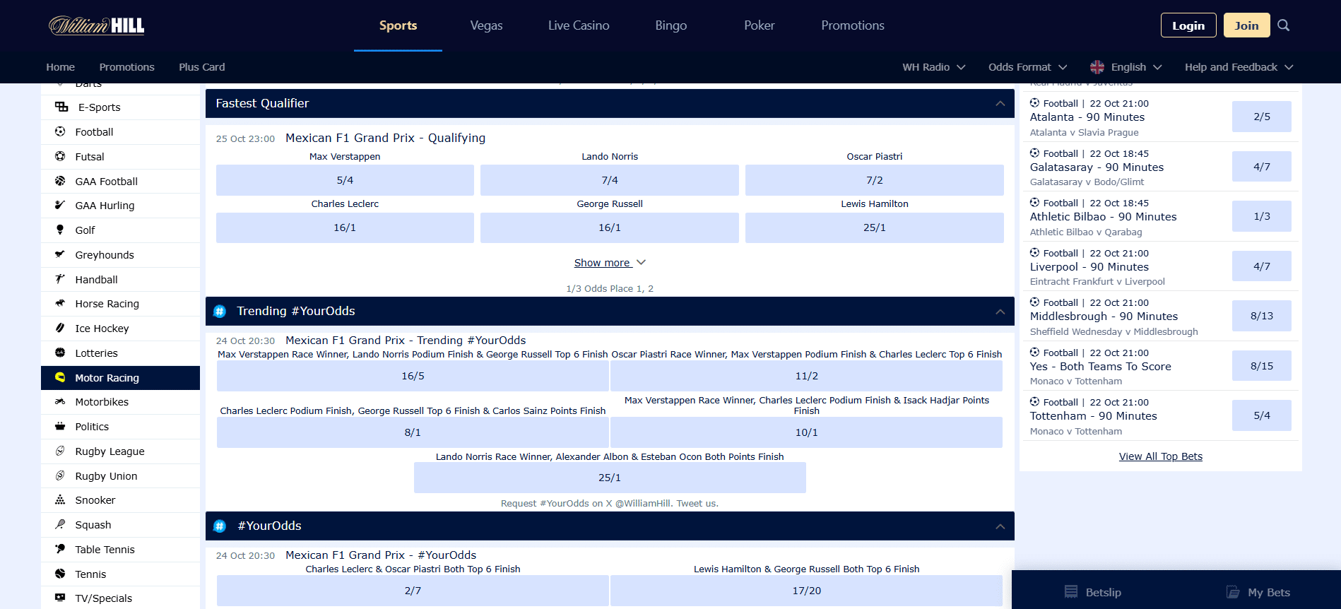William Hill F1 Betting Sites