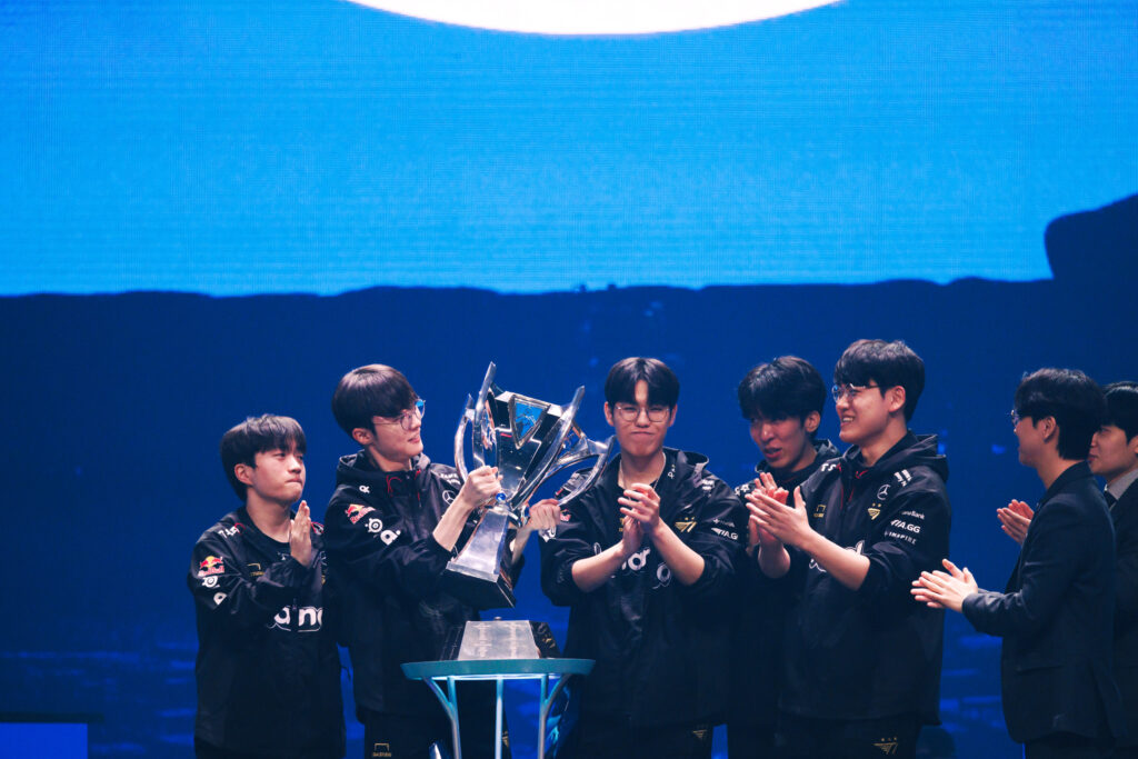 Faker and T1 after winning LoL Worlds 2023