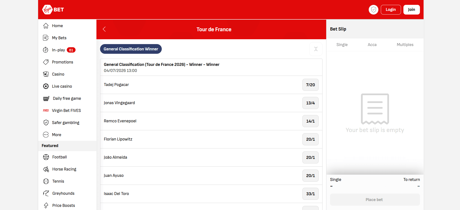 Betting on Cycling at VirginBet