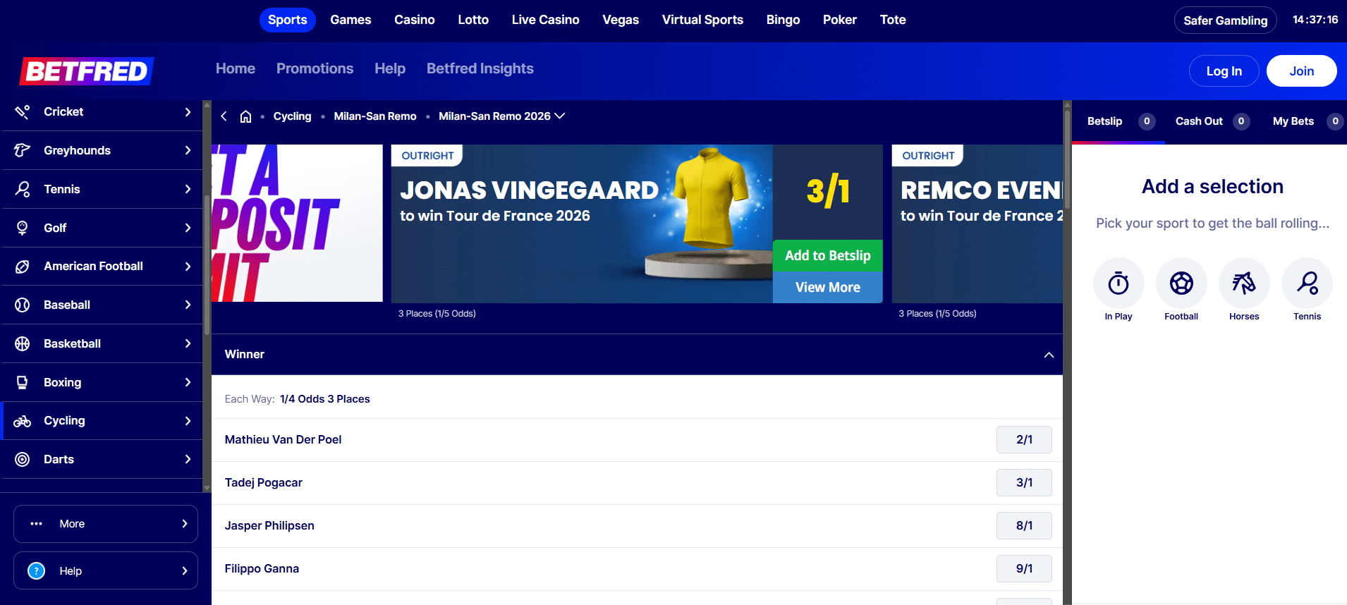 Cycling betting at Betfred