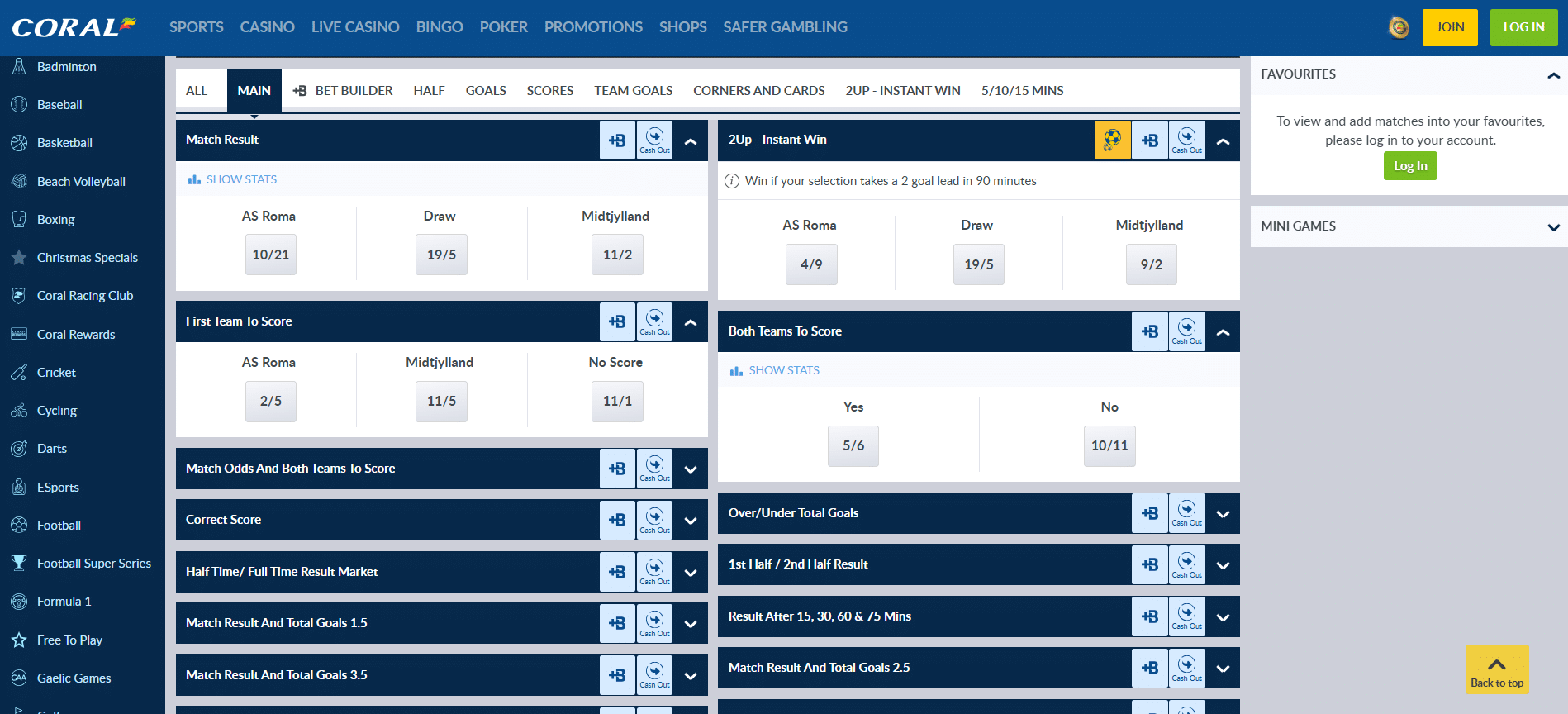 Europa League Betting Markets at Coral