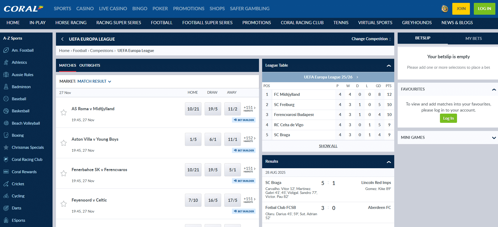 Europa League Betting Sites Coral