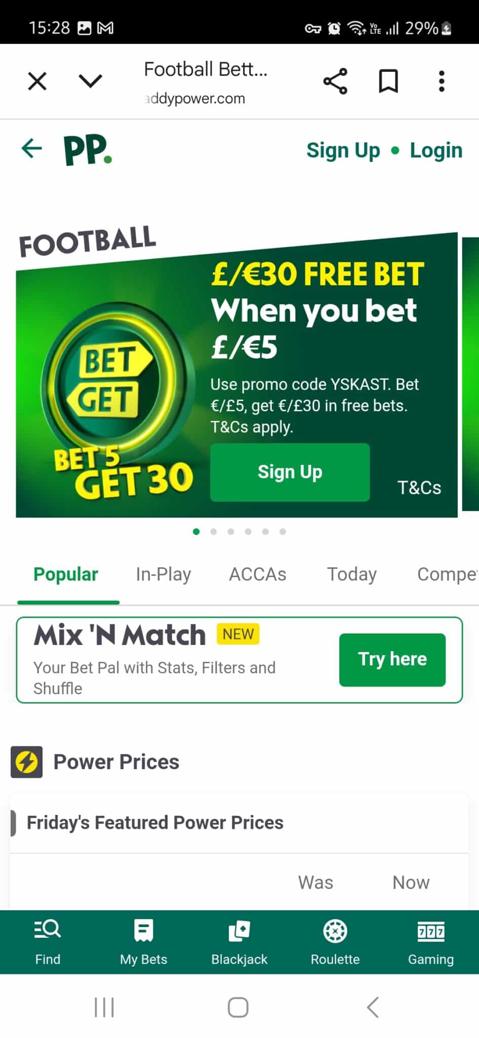 Football betting app promos on Paddy Power