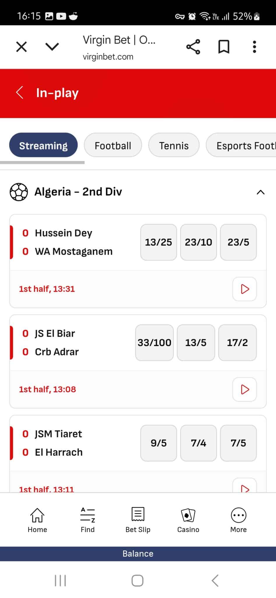 Football betting on the Virgin Bet app