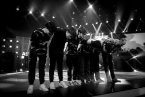 The TSM Valorant team bows on stage after the end of VCT Ascension Americas 2025 (black and white image)