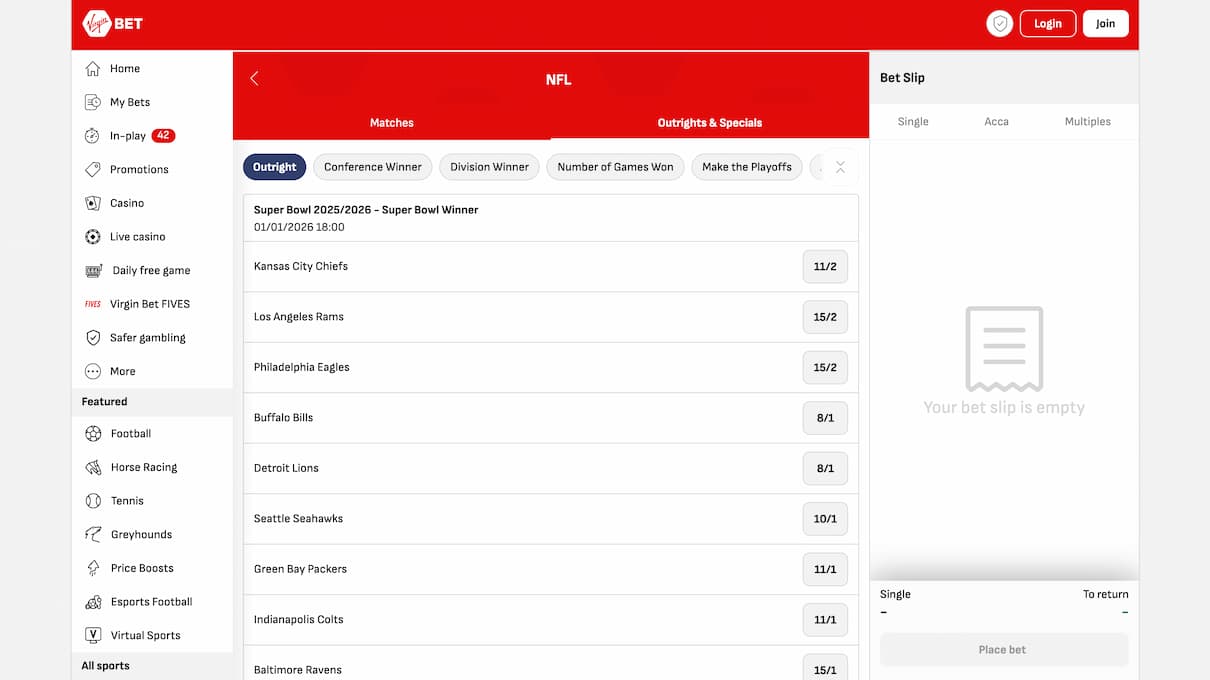 Virgin Bet NFL Betting Site
