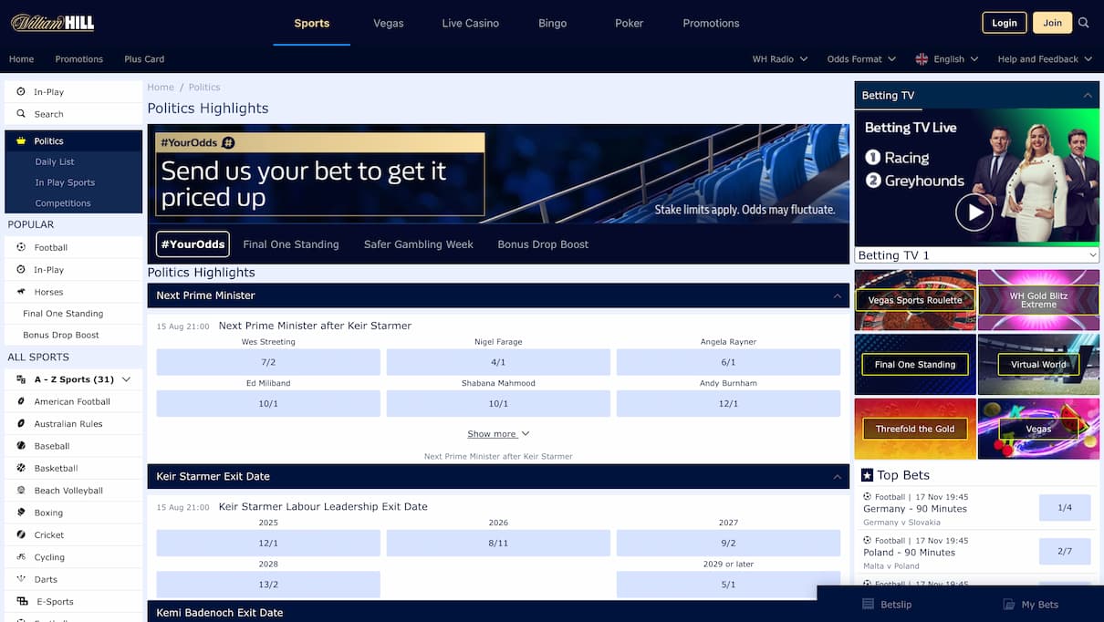 William Hill Politics Betting Site