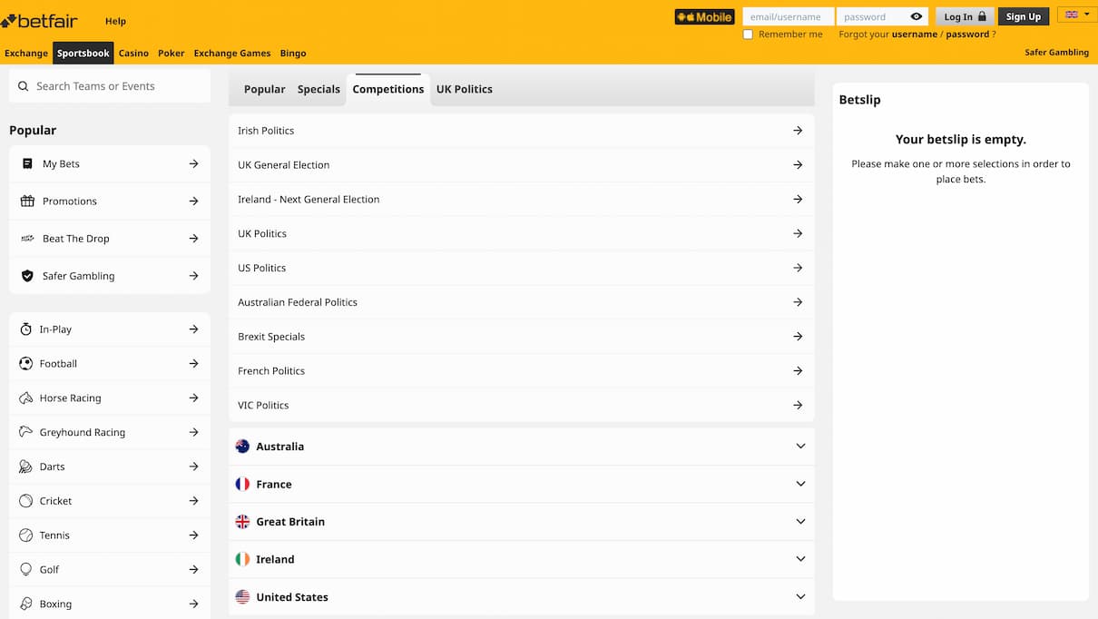 Betfair International Politics Odds