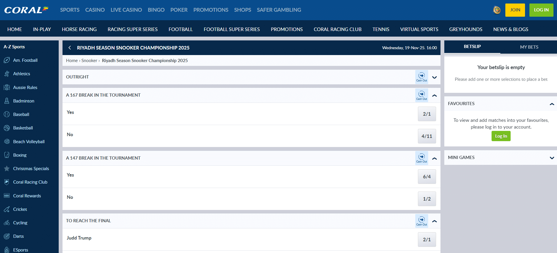 Snooker Breaks Betting at Coral 1