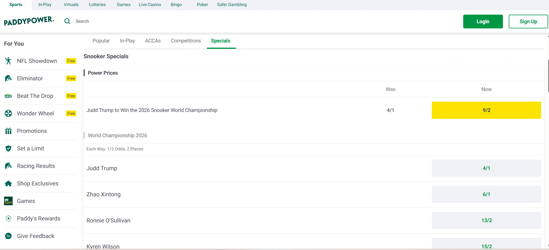 Snooker Promos and Odds Boosts at Paddy Power