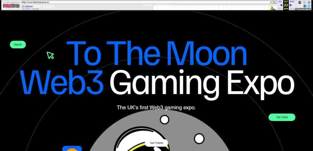 Screenshot from archive.org showing website with front page stating "To the Moon Web3 Gaming Expo"
