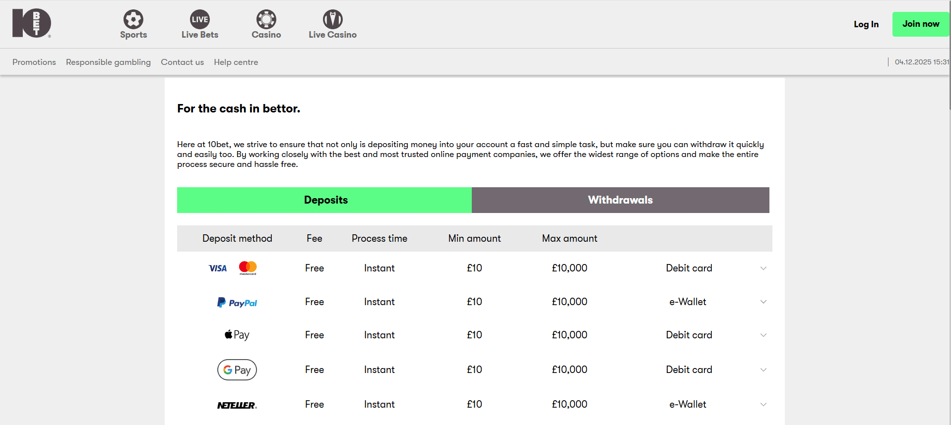 10Bet Payment Methods Including Google Pay