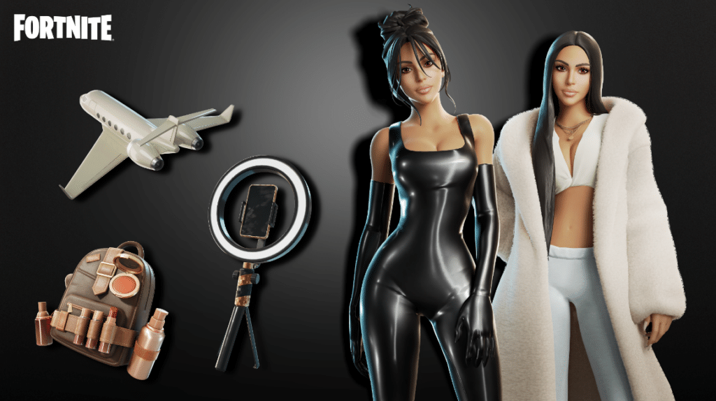 The Kim Kardashian Fortnite collection - two of the skins and ring light back bling, makeup bag, and private jet cosmetics