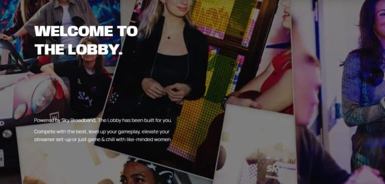 Guild Esports The Lobby website page. Text on image reads "Powered by Sky Broadband, The Lobby has been built for you. Compete with the best, level up your gameplay, elevate your streamer set-up or just game & chill with like-minded women."