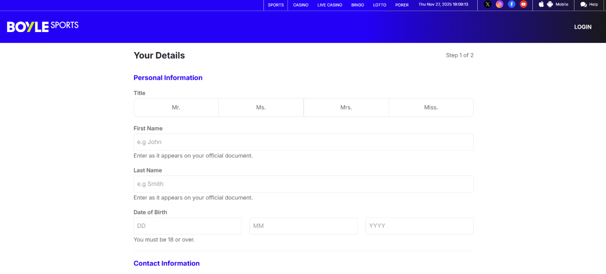 BoyleSports Step 2 Register