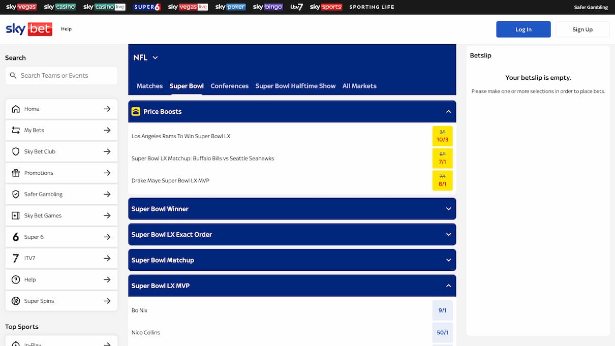 Sky Bet Super Bowl 2026 Betting Markets