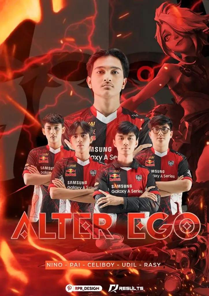 Alter Ego esports team members posing with gaming artwork in the background.