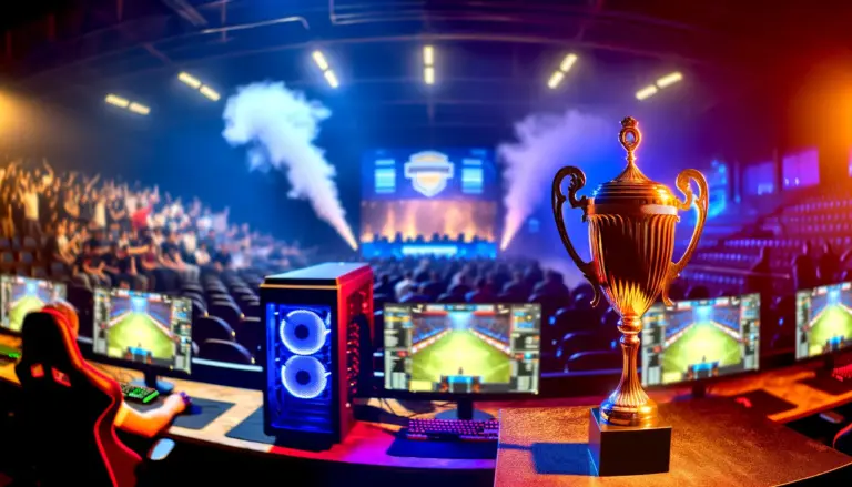 Championship trophy displayed at a professional esports arena with gaming PCs and audience in background