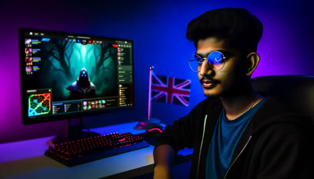 Esports player in contemplative moment with UK flag, declining competitive opportunity