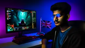 Esports player in contemplative moment with UK flag, declining competitive opportunity