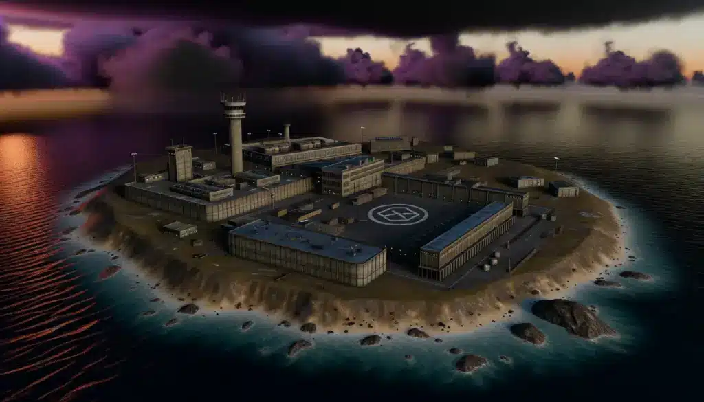 Aerial view of Rebirth Island prison complex at dusk for Call of Duty Mobile Season 4