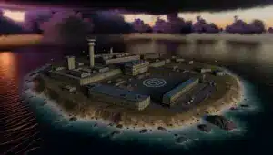 Aerial view of Rebirth Island prison complex at dusk for Call of Duty Mobile Season 4