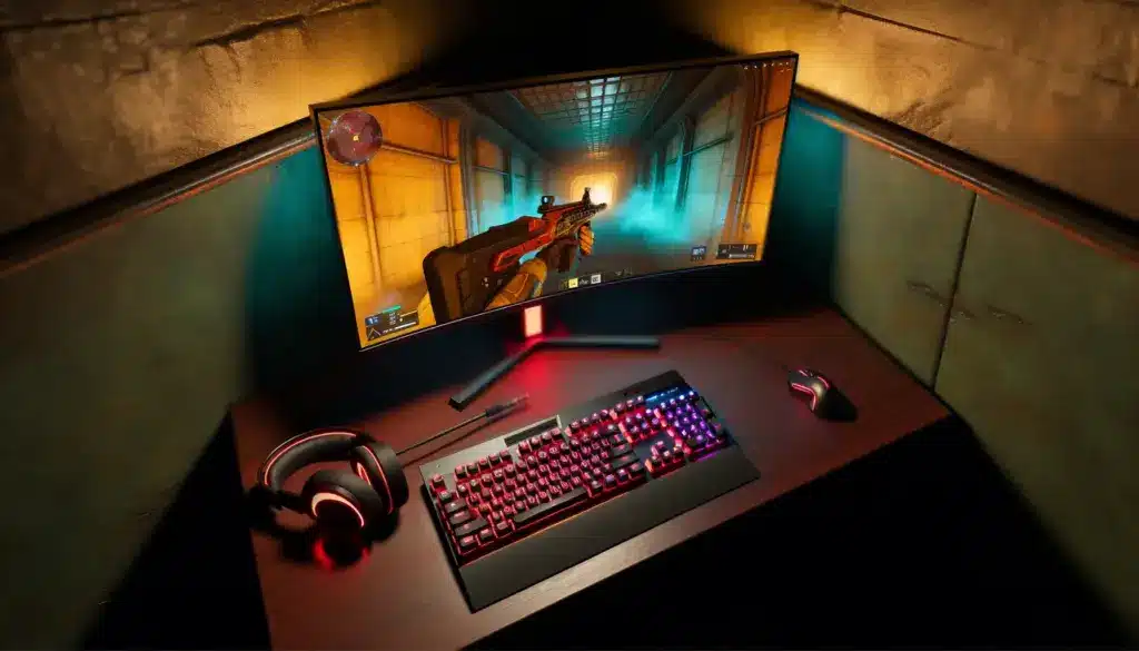Gaming setup showing Counter-Strike 2 on monitor in moody lighting, representing competitive FPS toxicity study