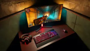 Gaming setup showing Counter-Strike 2 on monitor in moody lighting, representing competitive FPS toxicity study
