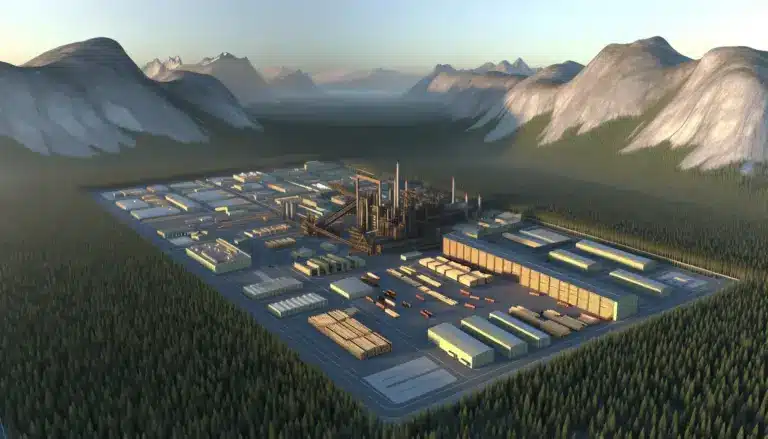 Aerial view of a competitive Counter-Strike map set in a sawmill complex in Canadian Rockies