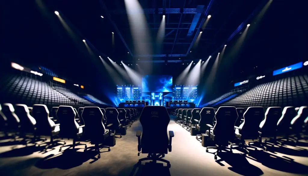 Empty esports tournament stage under dramatic lighting after competitive Counter-Strike event