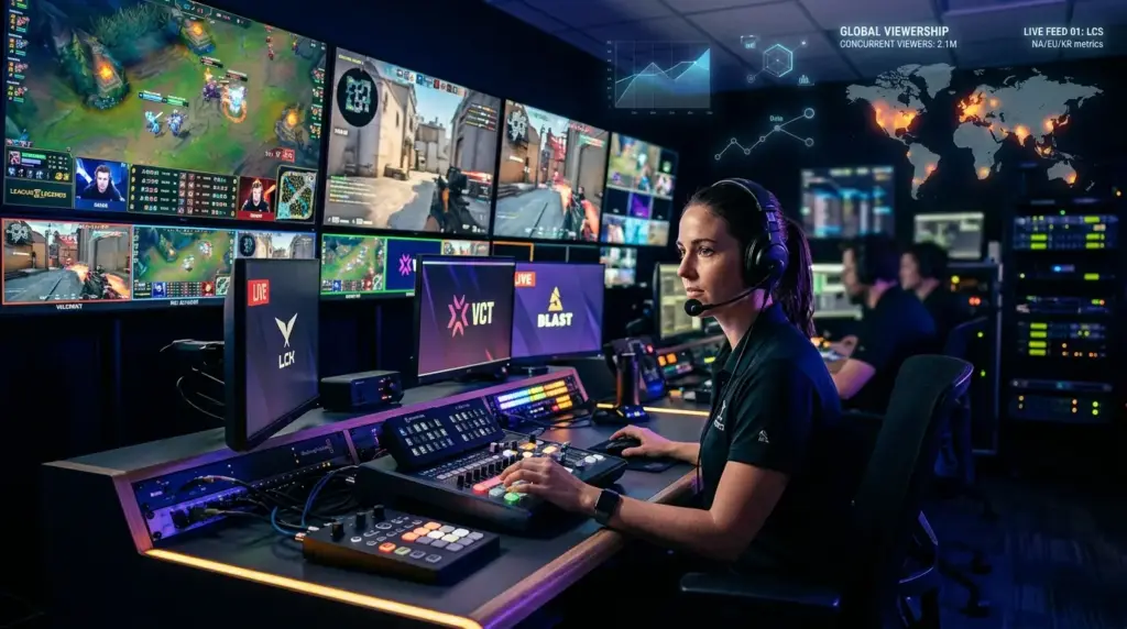 Esports broadcast control room with analysts monitoring live competitive gaming tournaments and global viewership analytics.