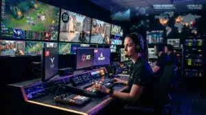 Esports broadcast control room with analysts monitoring live competitive gaming tournaments and global viewership analytics.