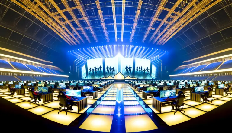 Futuristic esports arena in Riyadh hosting international gaming competition across multiple disciplines and nations