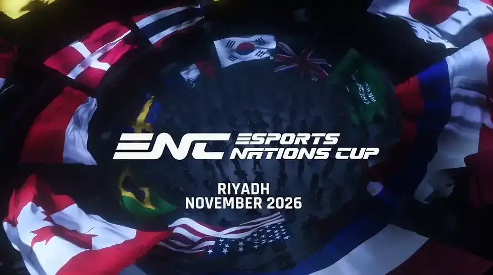 Colorful flags of various countries surrounding the Esports Nations Cup logo and event details.