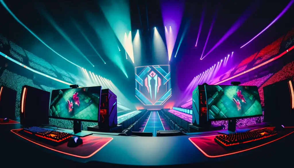 Professional VALORANT esports arena stage with dual gaming setups under dramatic neon lighting