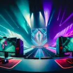Professional VALORANT esports arena stage with dual gaming setups under dramatic neon lighting