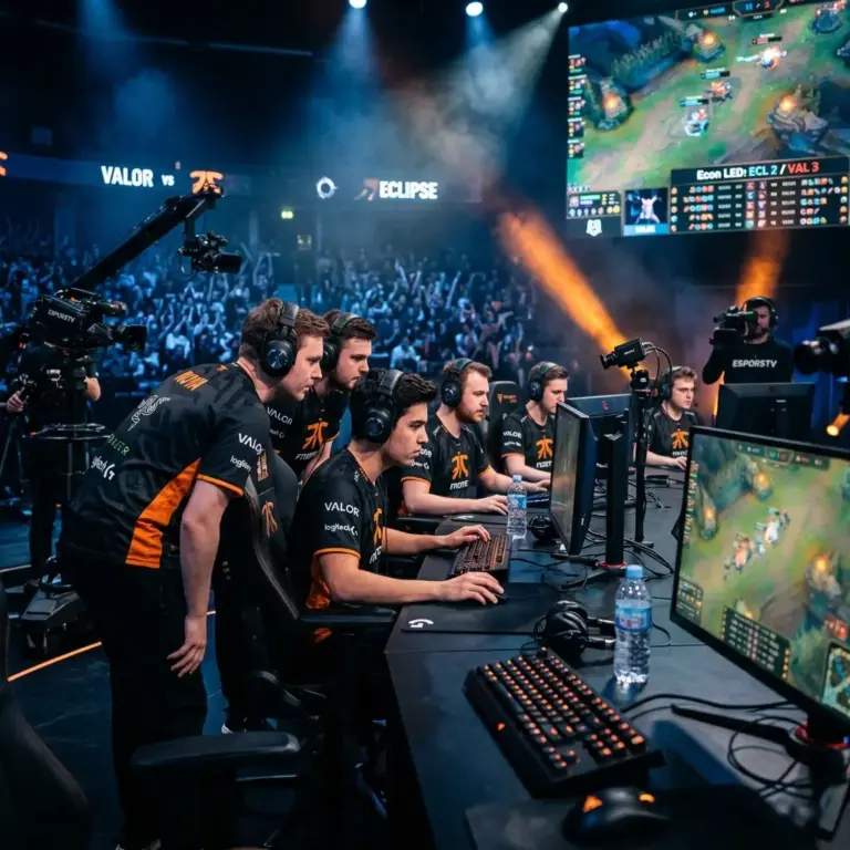 Professional esports players competing intensely at gaming stations during League of Legends LEC tournament match