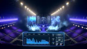 Esports arena with CS2 tournament stage and digital betting market data displays