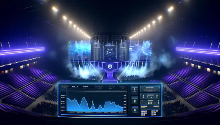 Esports arena with CS2 tournament stage and digital betting market data displays