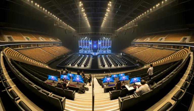 Large esports arena setup showing professional event infrastructure and gaming stations