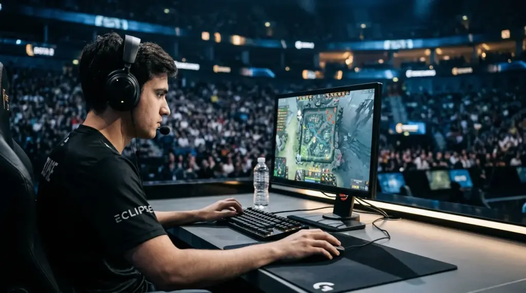 GIANTX esports player in competitive gaming setup with arena lighting and focused intensity