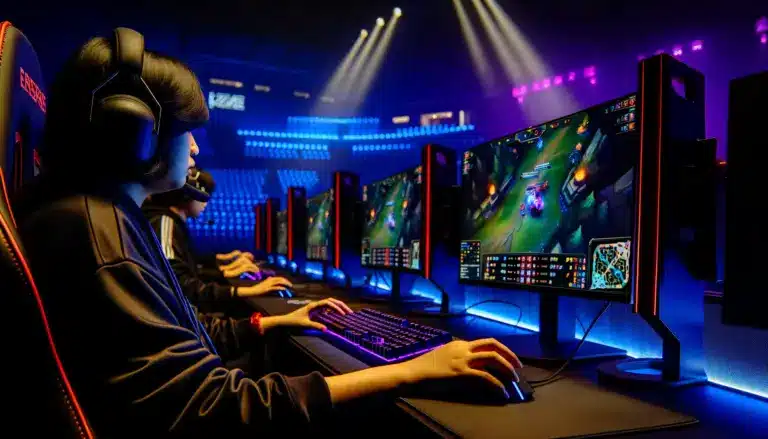 Intense moment at professional esports Counter-Strike tournament with illuminated gaming monitors and focused player setup