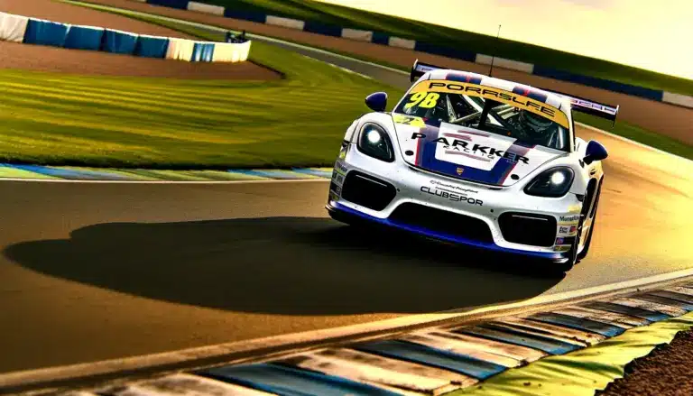 Porsche Cayman GT4 RS race car cornering at Donington Park circuit in Sprint Challenge GB competition