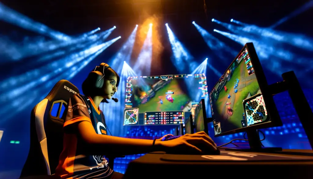 Professional CS2 player at tournament station with dramatic stage lighting and tactical displays