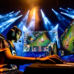 Professional CS2 player at tournament station with dramatic stage lighting and tactical displays