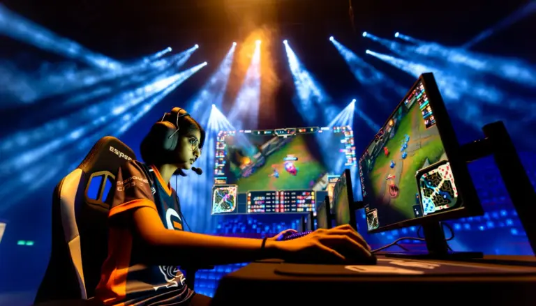 Professional CS2 player at tournament station with dramatic stage lighting and tactical displays