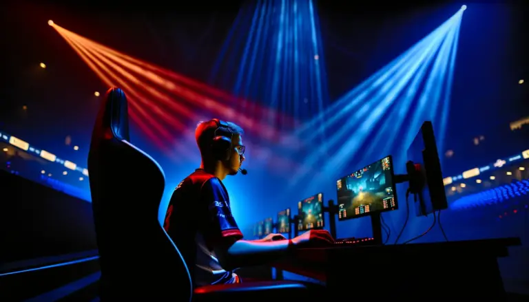 Professional CS2 player at gaming station under dramatic blue and red arena lighting