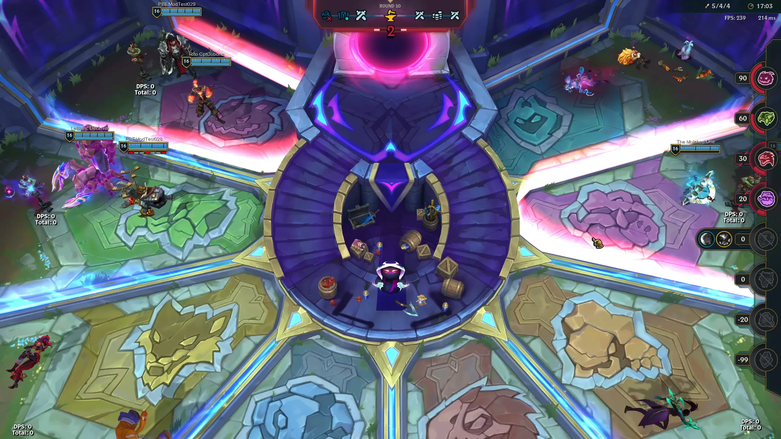 Colorful arena map from a game with four character positions and central structure.